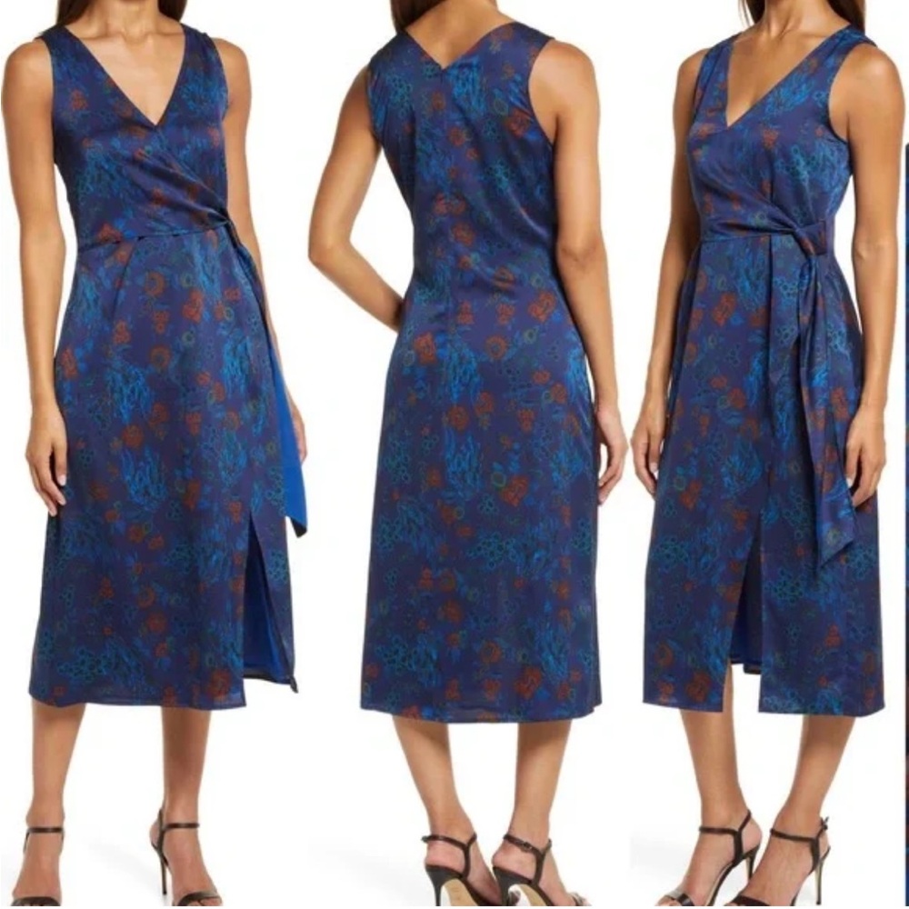 Halogen Satin Mix V-Neck Sleeveless Lined Wrap Dress Blue Multicolour Size XXS